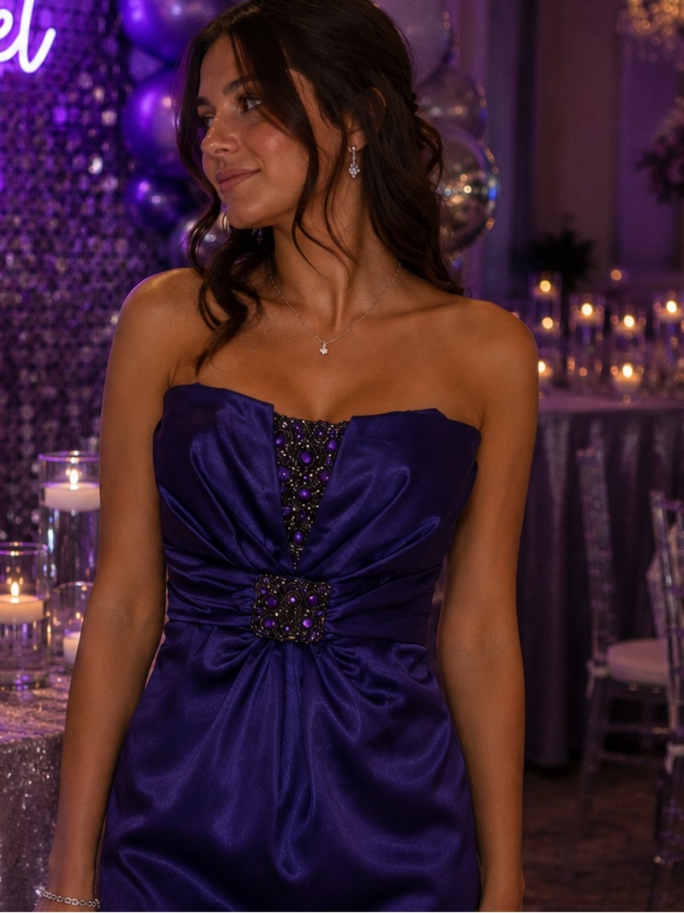 My Michelle Bejeweled embellished beaded purple mini dress